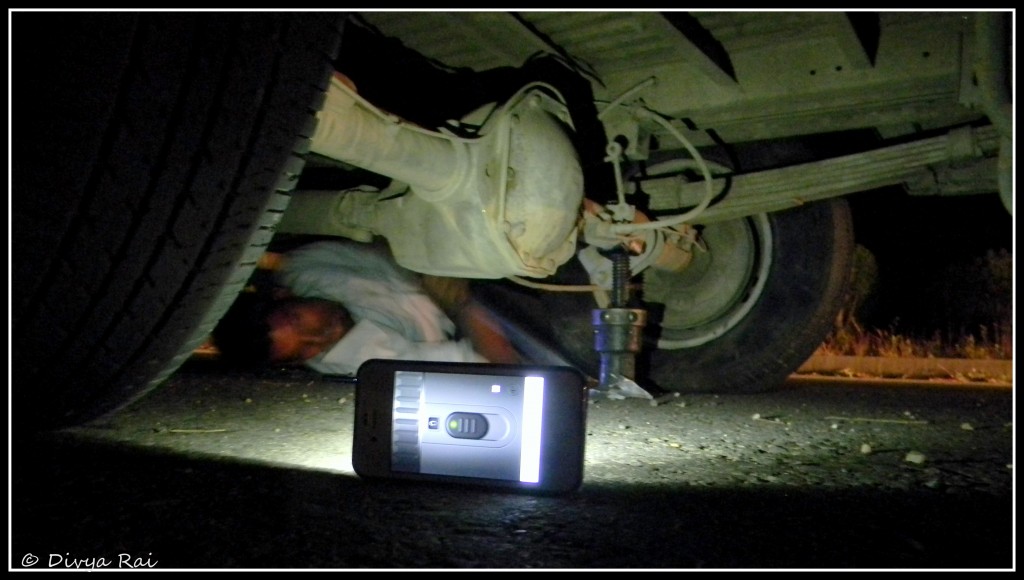 Repairing a bus tyre.